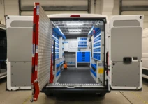 Aménagement avec rampe de chargement et rayonnages dans le Citroen Jumper